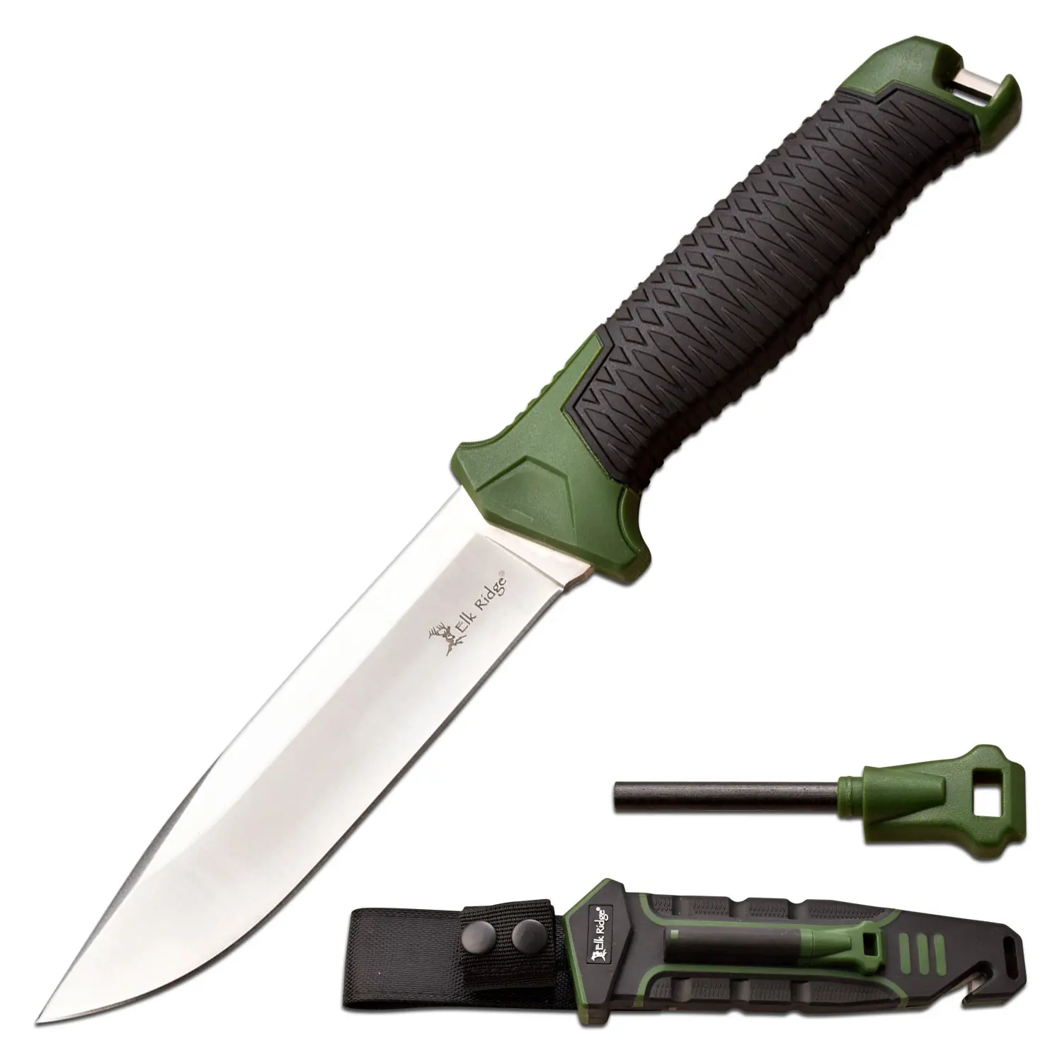 Elk Ridge Alpine Bushcraft Knife, Full Tang 5.5-Inch Stainless Steel Drop Point Blade, Rubber-Enhanced Handle, Survival Sheath with Ferro Rod and Rope Cutter, Carving, Bushcrafting, Hiking