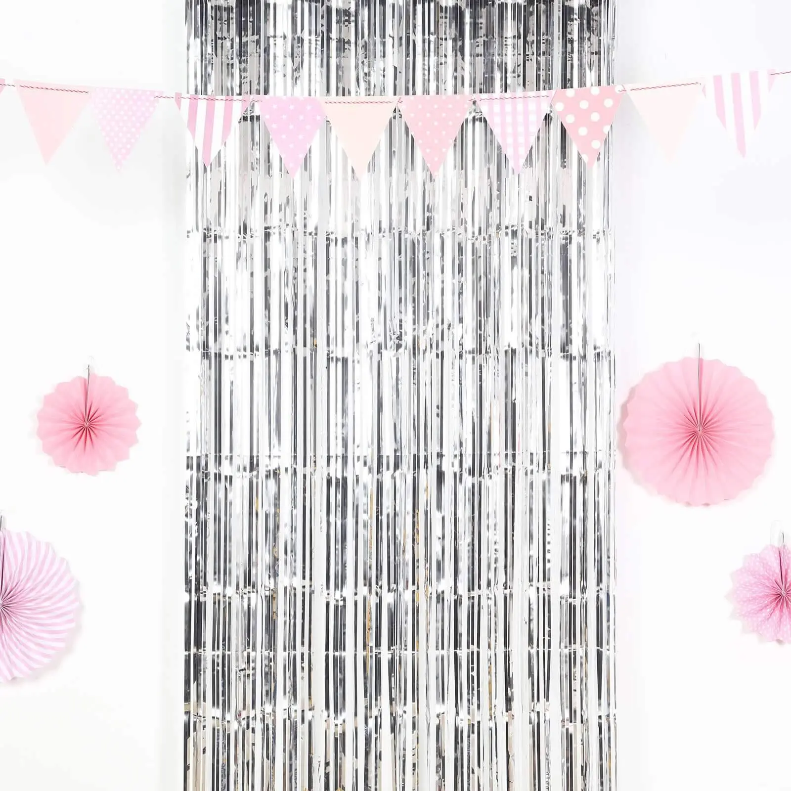 Silver Metallic Tinsel Foil Fringe Doorway Curtain, Decorative Festive Backdrops & Banners Party Backdrop, 8ft, Backdrops & Banners Decorative Festive