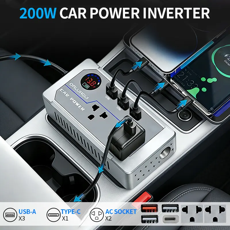 200W Car Power Inverter,DALUAGUI DC 12V to 110V AC Car Plug Adapter, Car Inverter Charger with PD 24W/ QC 24W Quick Charge, Power Inverter for Vehicles, Car Office Working, Camping, Road Trip