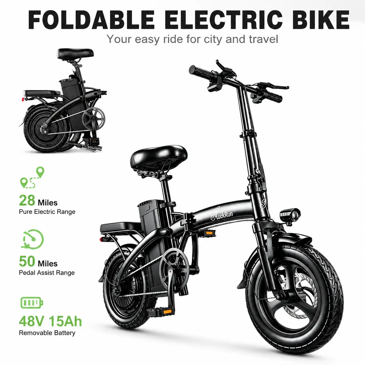 LOOKRUN Adult Foldable 2-Seater E-Bike, 650W Peak Motor, 48V 15Ah Battery, 50-mi Range, Mechanical Key Lock, Puncture-Proof Vacuum Tires, Handlebar, Bike Bag for City Commute, Outdoor Adventures