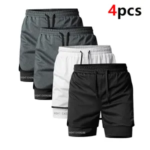 Summer Shorts Breathable Quick-drying Versatile Sports Shorts for Running, Training, and Basketball - 100% Polyester, Solid Color, Breathable Quick-drying, Fake Two-piece Letter Print, Loose Casual Sports Shorts