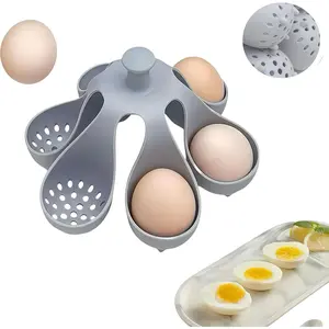 Freestanding Silicone Egg Boiler Rack Holder, Holds 6 Eggs, for Making Soft or Hard Boiled Eggs, Gray Kitchen Cooking Gadget