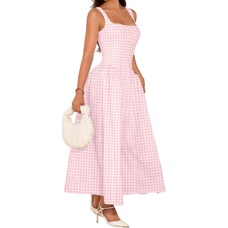 Plaid Maxi Dress, A-Line Drop-Waist, Wedding Guest Tea Party, Pastel Gingham Square Neck Flowy Semi Formal