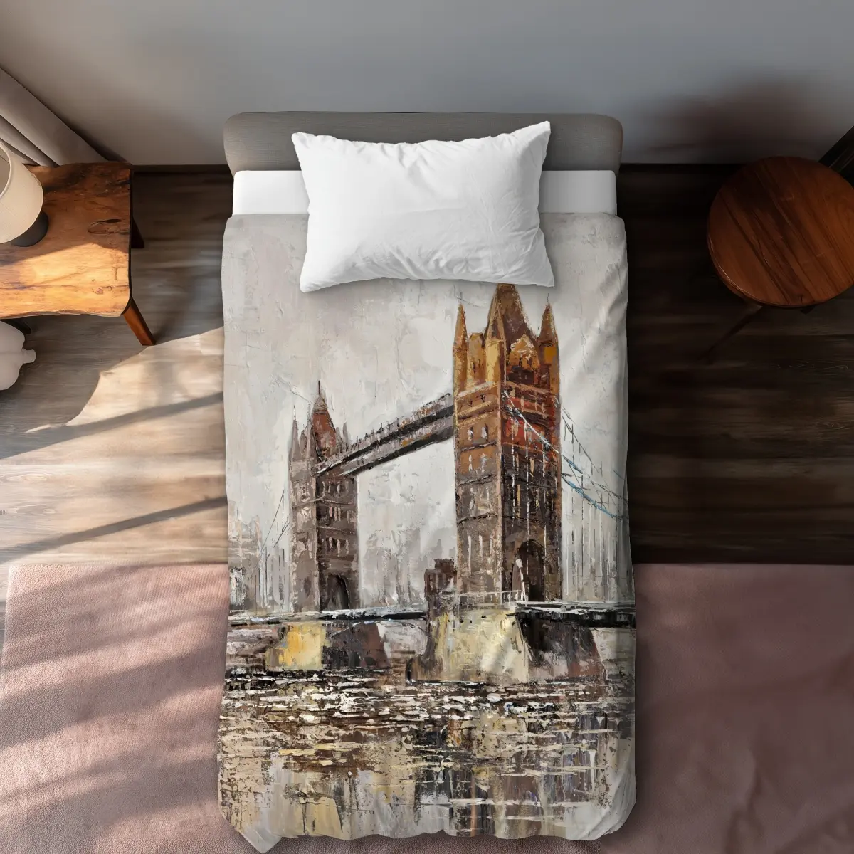 Begin Home Decor C1DCTSW067GSF1 London Tower Bridge Beige Contemporary Twin Size Duvet Cover - Home Decor