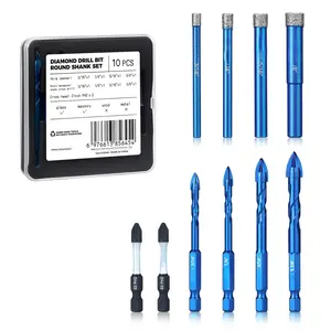 10PCS Diamond Drill Bits Set, Tile Drill Bits for Ceramic,Glass, Porcelain,Marble and Granite, Ceramic Drill Bit for pots with Cooling Wax, 1/4" Round Shank,3/16"-3/8"