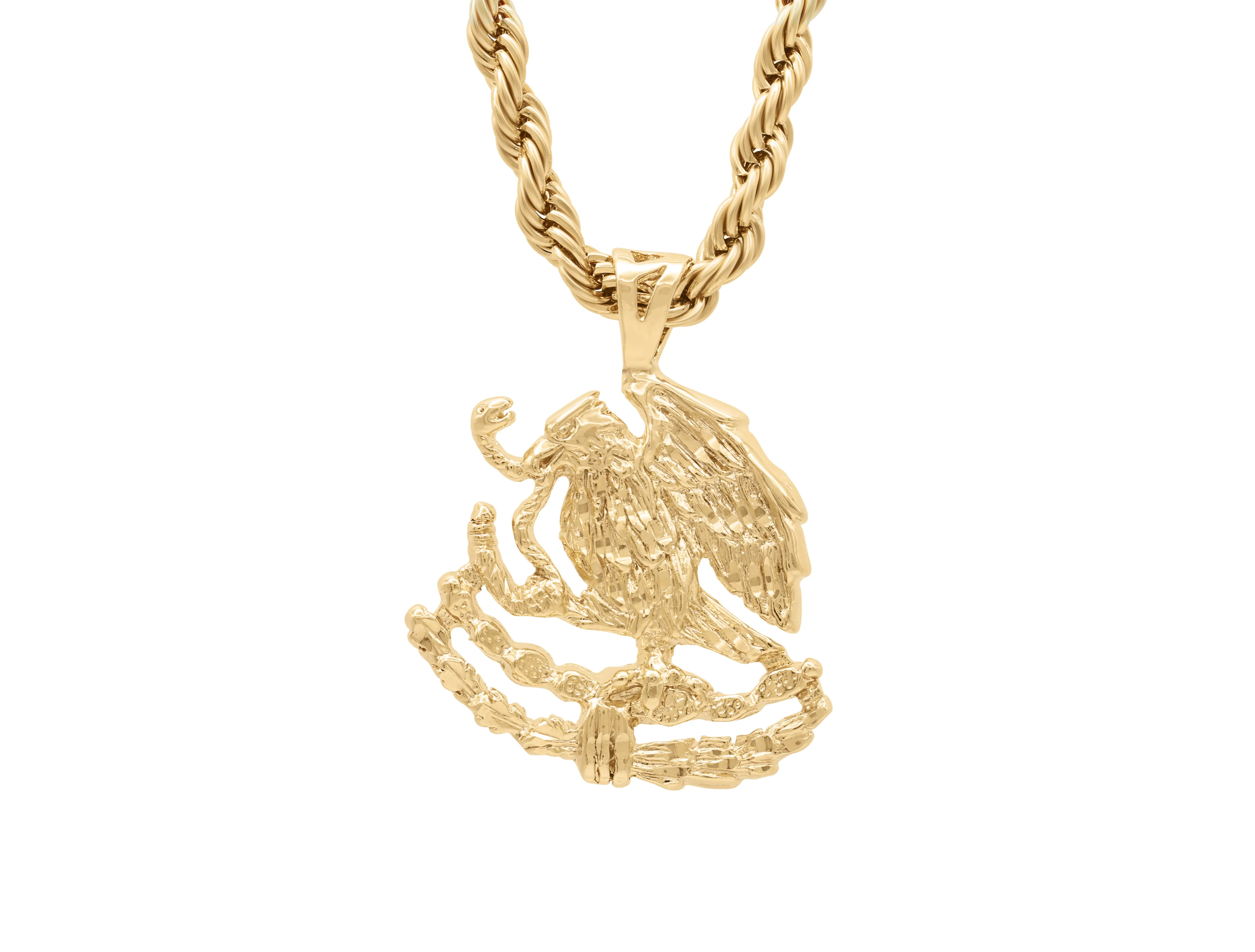 Large Mexican Shield Eagle Necklace 14k Heavy Plated Gold 5mm Rope Chain Diamond Cut French Rope Chain Lifetime Replacement Guarantee