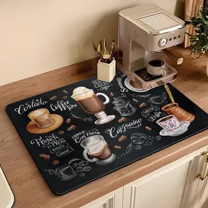 Bar Counter Coffee Mat, Absorbent Non-Slip Coffee Machine Pad, Kitchen Countertop Decorative Coffee Cup Print Drain Mat, Easy Clean, Gift for Coffee Lovers