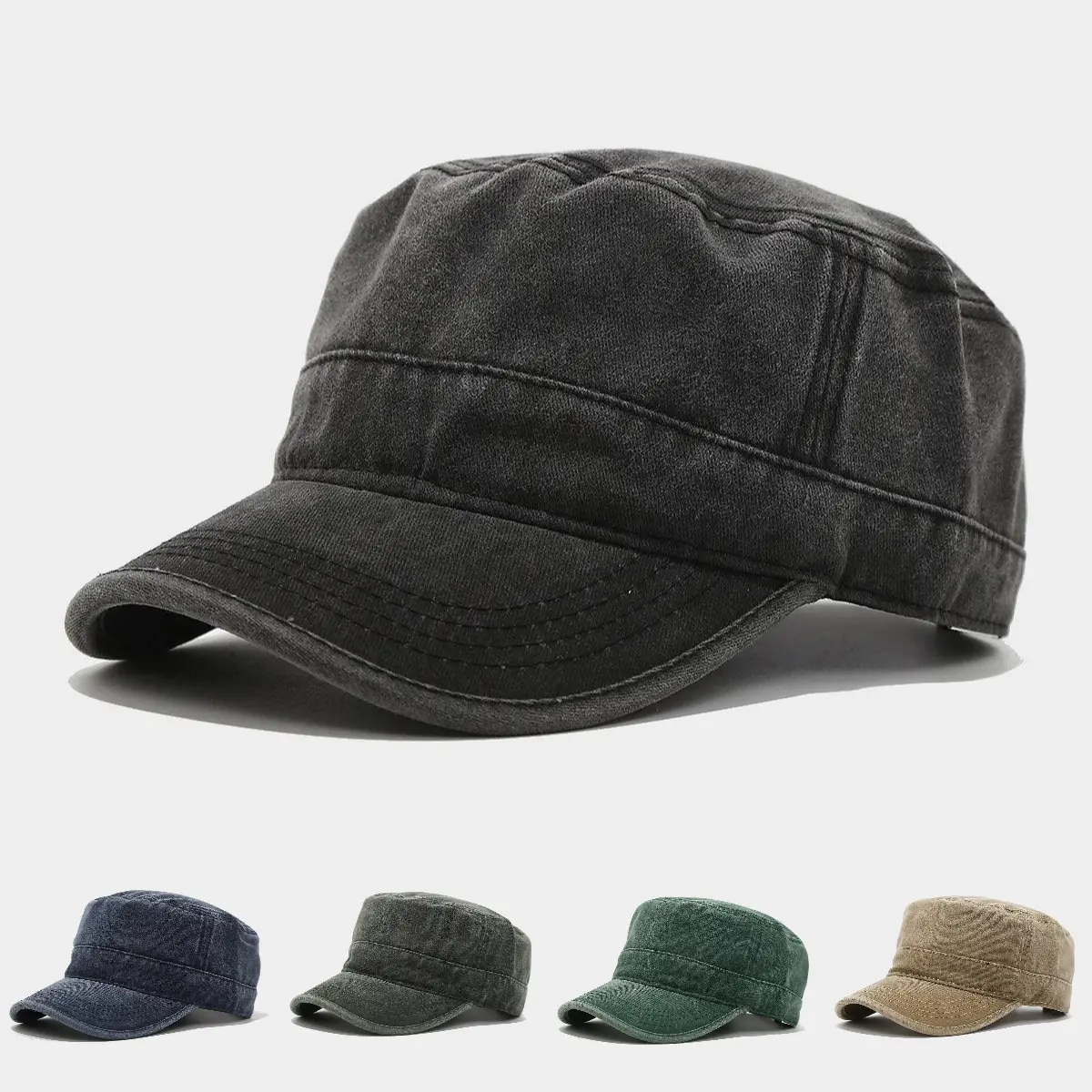 Unisex Vintage Washed Military Cap - Adjustable Cotton Cadet Hat, Lightweight Breathable Flat Top Cap for Casual Wear, All-Seasons Outdoor Streetwear, Washed Look