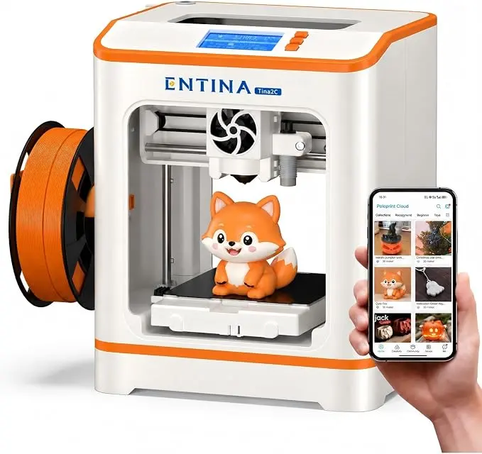 Entina Tina2C Mini 3D Printer for Kids & Beginners - Fully Assembled, 8-Min Ready, App & WiFi Control, Auto Leveling, High Precision, 3500+ Models, 20+ DIY Modules, 1kg, LED Lights, Linux Compatible, School STEM Learning, Cool Gifts for Kids, Home tiktoks