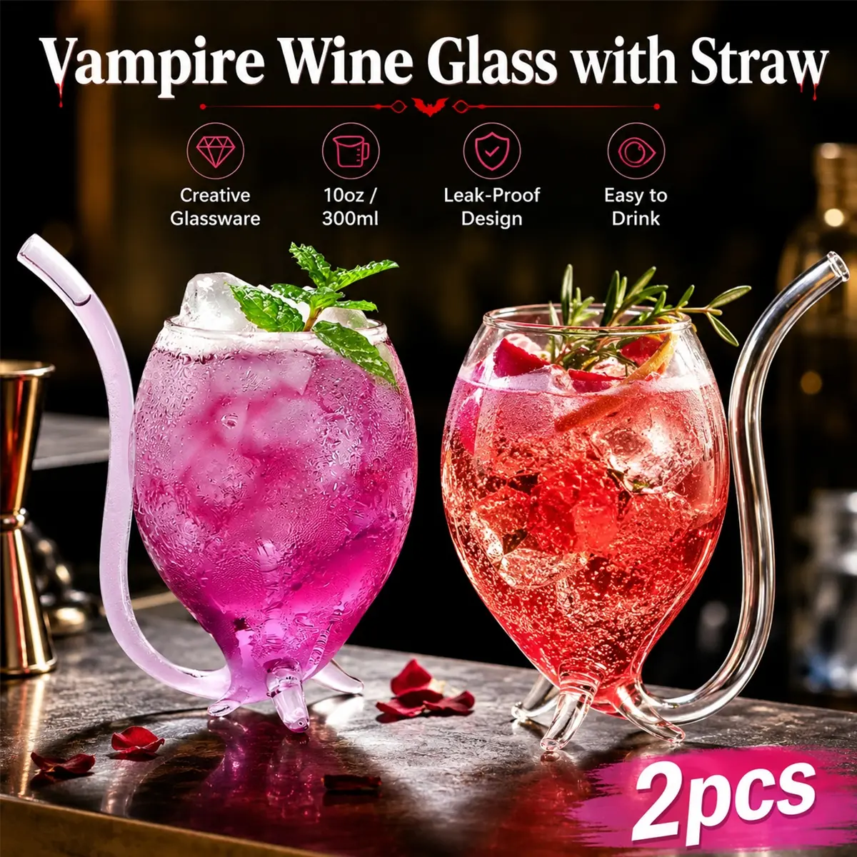 2PCS Vampire Wine Glasses with Straw, 10oz Clear Novelty Cocktail Glass Cups, Creative Curved Drinking Tube Design, Fun Sipper Decanter for Home Bar Halloween Party, Blood Theme Drinks, Wine Lovers, Bartender Gifts, Party Glassware