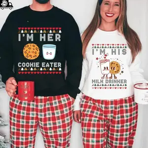 Matching Christmas Pajamas for Couples – cute holiday PJs set with “I’m Her Cookie Eater” & “I’m His Milk Drinker,” a funny festive gift for lovers.