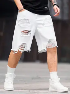 Men's Solid Color Ripped Denim Shorts, Loose Casual Comfy Breathable Short Jeans for Daily Wear, Button Ripped Shorts, Men's Bottoms for Summer, Ripped Design Shorts, Distressed Jeans Shorts