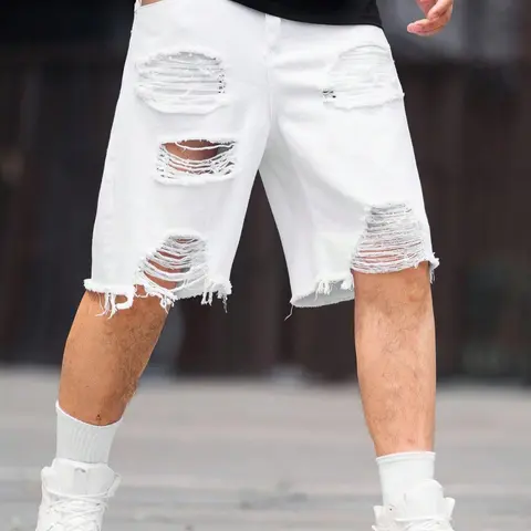 Men's Solid Color Ripped Denim Shorts, Loose Casual Comfy Breathable Short Jeans for Daily Wear, Button Ripped Shorts, Men's Bottoms for Summer, Ripped Design Shorts, Distressed Jeans Shorts, Casual Jorts