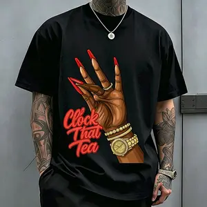 Men’s American-style trendy printed T-shirt, black and white short sleeves; street fashion casual crew neck short-sleeve T-shirt for everyday outdoor wear.