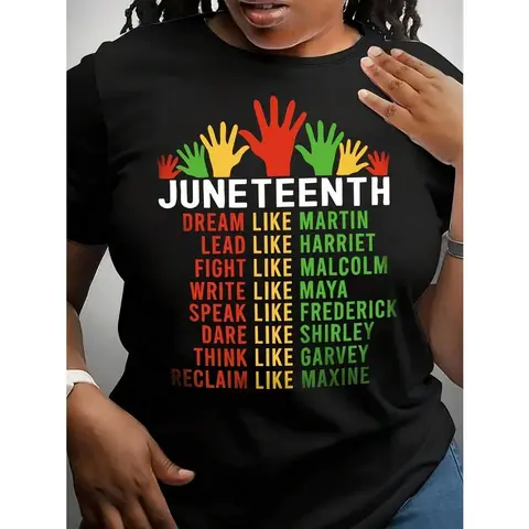 Women's And Men's Black Juneteenth T-Shirt - 100% Cotton, Short Sleeve, Crew Neck, Featuring African Historical Figures (, Malcolm, Maya, Garvey) - Casual Juneteenth Celebration Apparel, Regular Fit Unisex T-Shirt