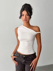 Women's Solid Color Ruched Asymmetrical Neckline Top, Elegant Chic Casual Blouse, Perfect for Daily Wear, Stylish and Comfortable, Fit