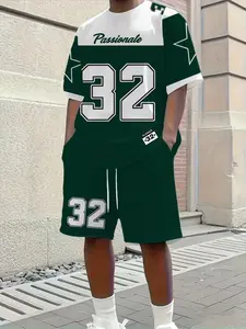 Men's Short Sleeve Set 2 Piece, Round Neck T-Shirt & Shorts, 3D Digital Print, Casual Sportswear, All Seasons