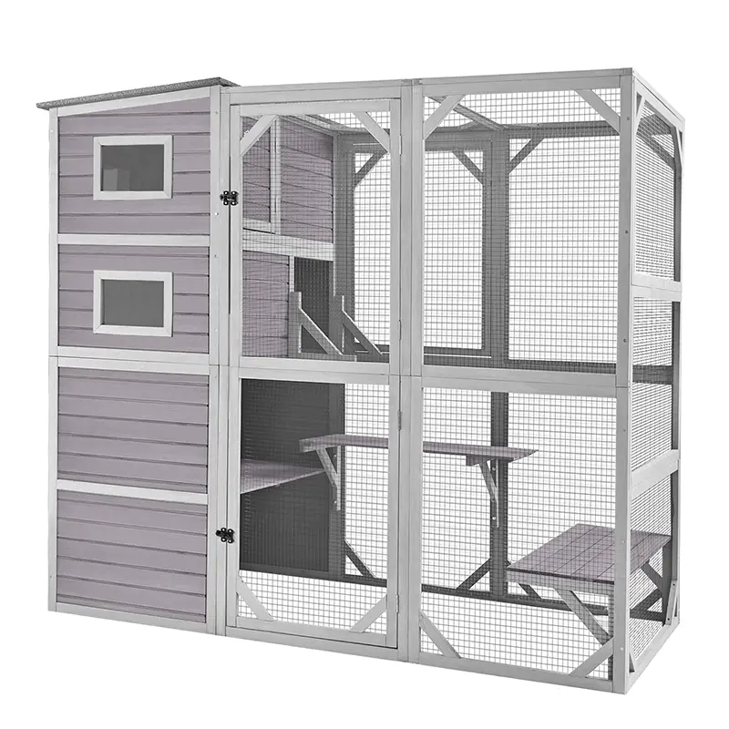 Aivituvin-AIR54 Large Outdoor Waterproof Wooden Kennel - Predator Safe Cat & Pet Enclosure with Outdoor Play Area, Window Connect Feature, 69.3" High Climbing Annex (Protects Against Lizards, Raccoons)