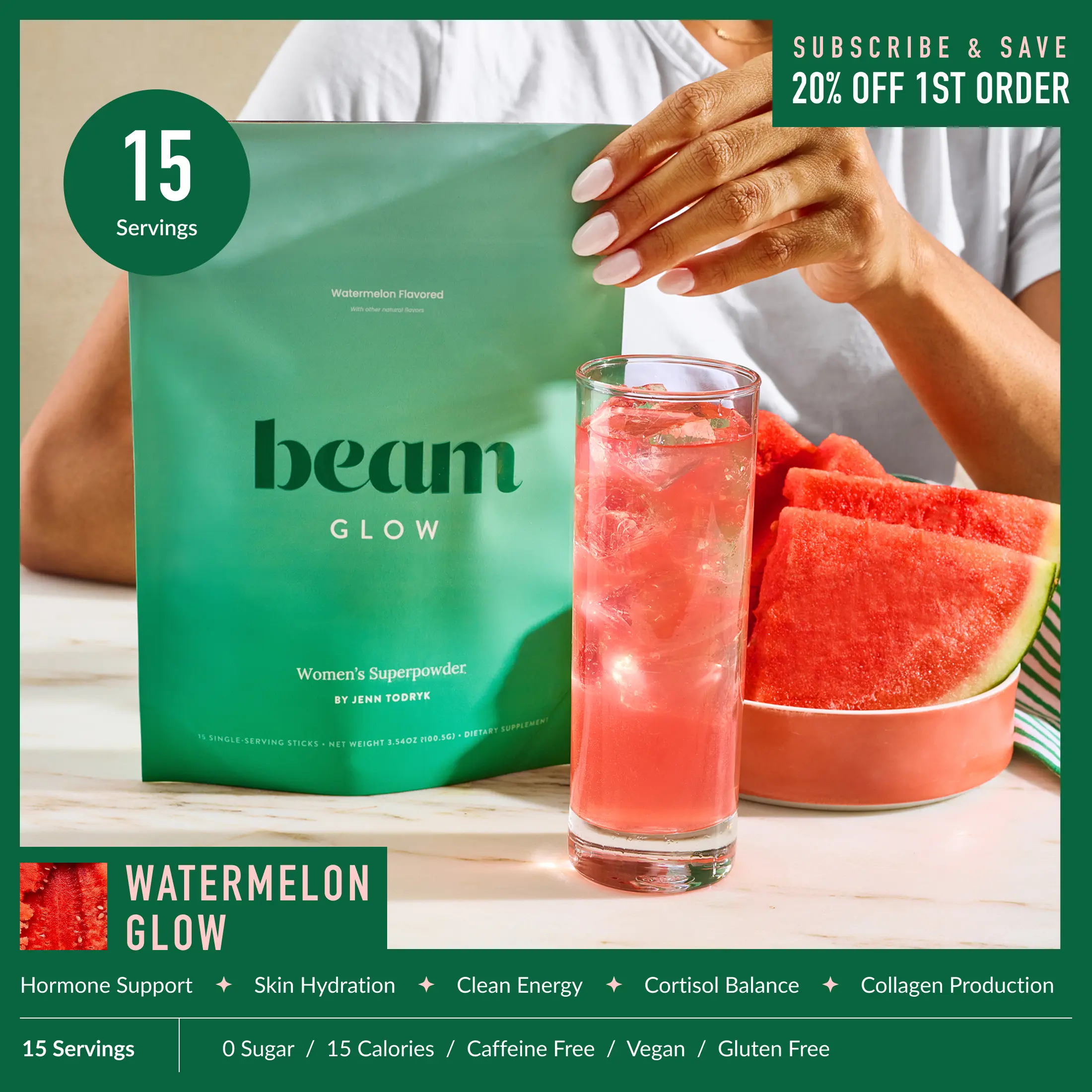 Beam Glow Superblend Dietary Beauty Supplement Drink - 15 Single-Serve Packets, Vitamins for Women, Hormone Balance, Skin Care, Hair Strength, Nail Support, Sugar Free, Stress Relief, Vegan, Caffeine-Free Self Care Products