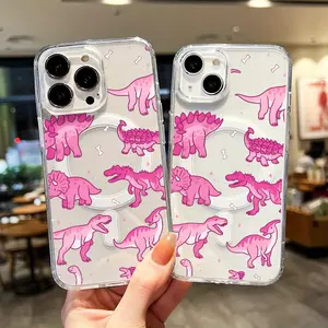 A charming and cool pink dinosaur pattern transparent magnetic phone case, suitable for iPhone 17 Air/16 Plus/15 Pro Max/14 Pro/13/12/11/XS Max/X phone case, the best choice for holiday gifts to family, friends, lovers, boyfriends, girlfriends TMYKLCXK25