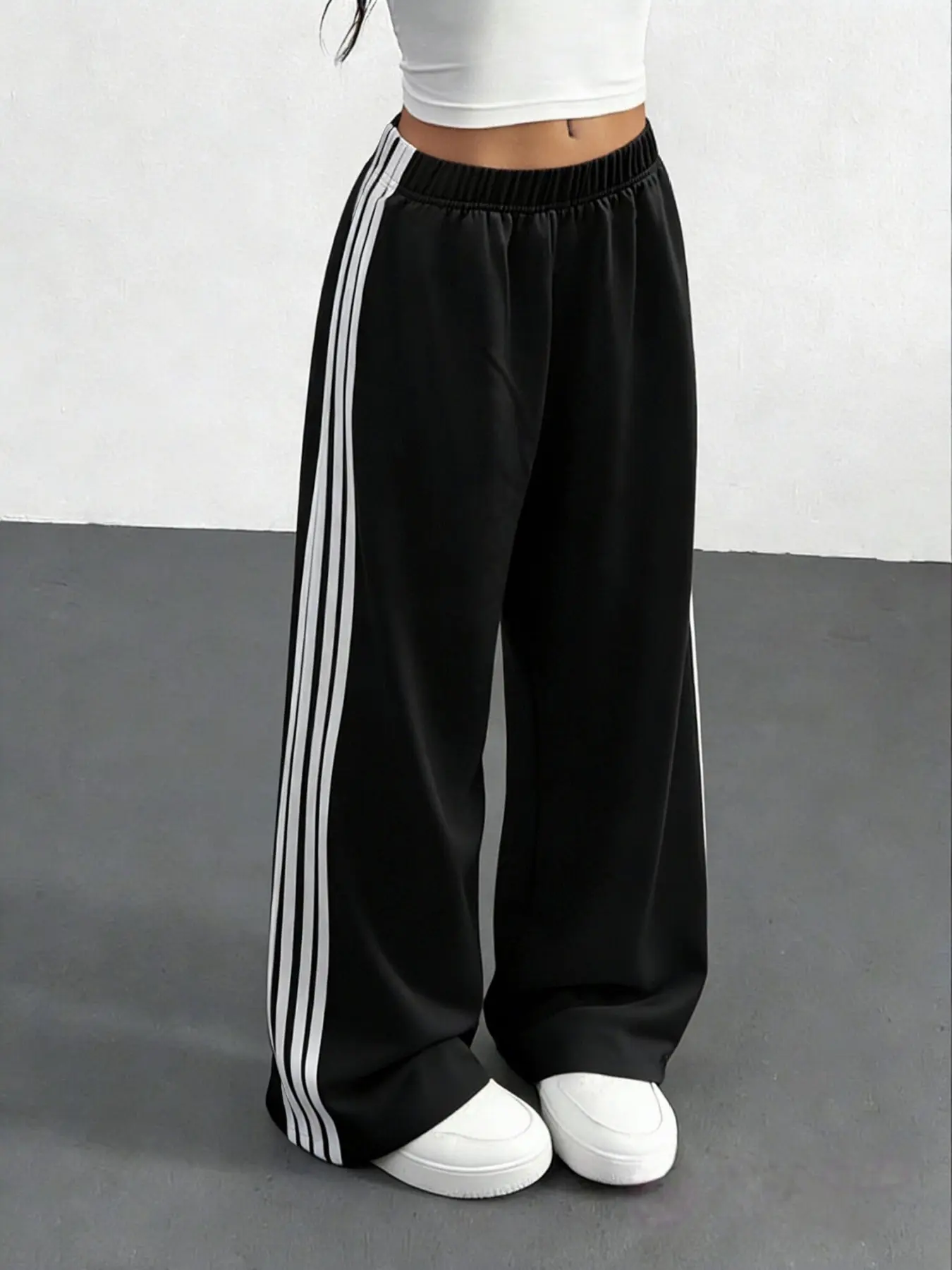 Women's Striped Wide-Leg Sport Pants, High-Waisted Loose Fit Casual Fashion Sweatpants, Street Style Long Straight Leg Trousers, Casual Comfy Sporty