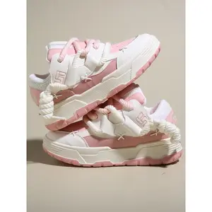 Women's Colorblock Patchwork Bootlace Worm Lace Up Low Top Sneakers, Thick Sole Sneakers, Casual Comfortable Sports Shoes, Female All-match Round Toe Shoes for Daily Wear