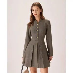 Brown Button Pleated Mini Dress