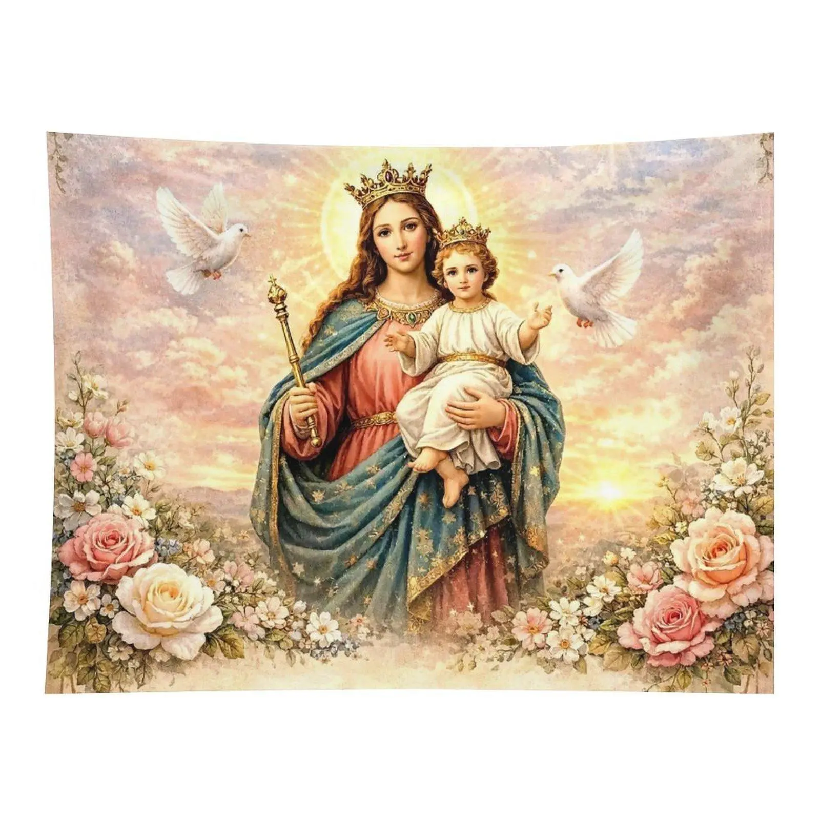 Vintage Virgin Mary Baby Jesus Crown White Dove Rose Sunset Wall Tapestry Wall Hanging, Catholic Religious Blessed Mother Soft Pastel Art Decor for Church Prayer Room Backdrop