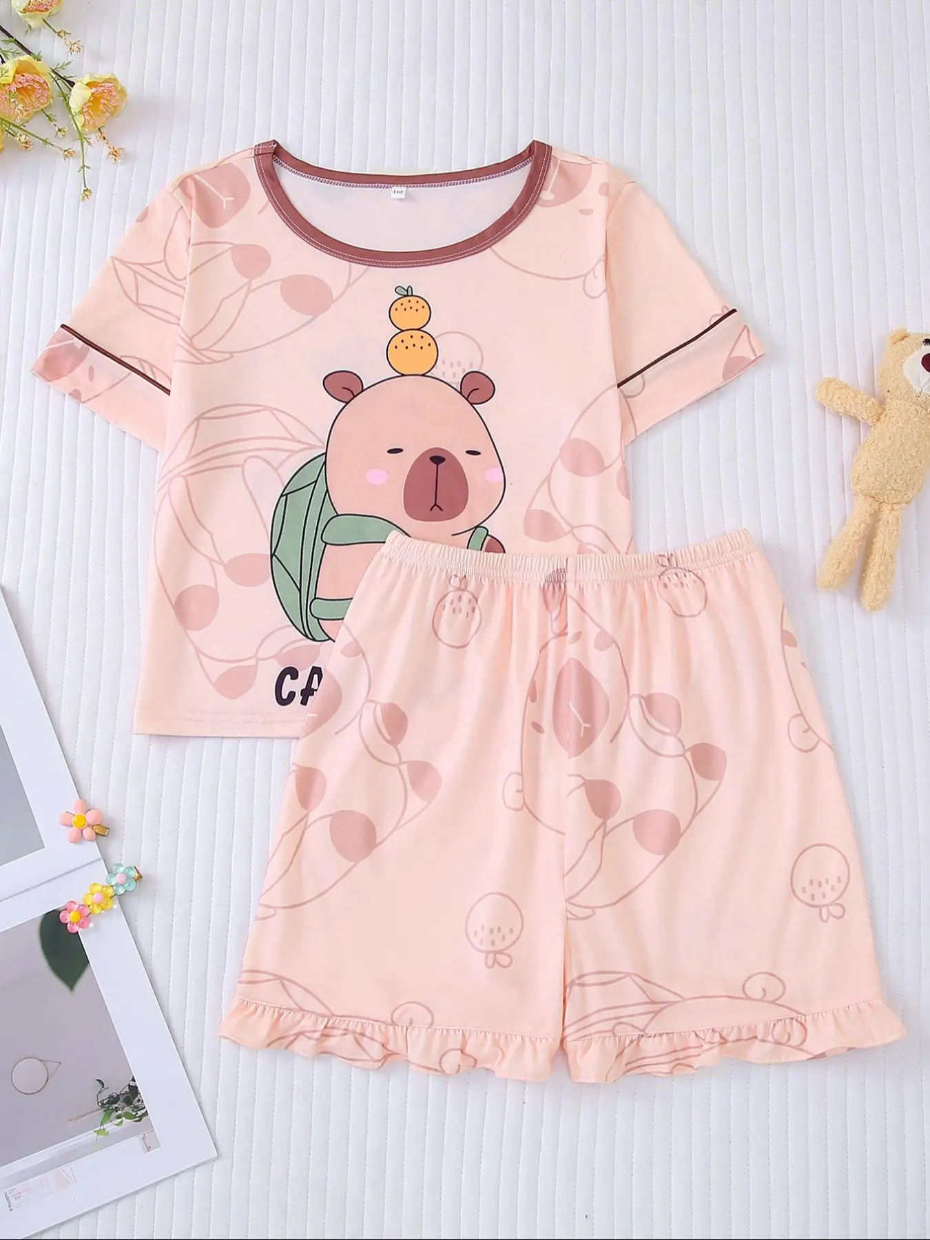 Girl's Capybara Print Tee & Elastic Waist Shorts Pyjama Two-piece Set, Cute Comfy Short Sleeve Top & Ruffle Hem Shorts Pj Set, Kids Sleepwear, Pajama Set, Fruit Print Pajamas, Cartoon Print Pajama, Summer Pjs, Casual Comfy Pajama, Cartoon Pattern Pajamas