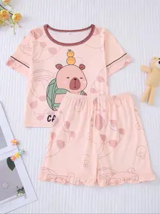 Girl's Capybara Print Tee & Elastic Waist Shorts Pyjama Two-piece Set, Cute Comfy Short Sleeve Top & Ruffle Hem Shorts Pj Set, Kids Sleepwear, Pajama Set, Fruit Print Pajamas, Cartoon Print Pajama, Summer Pjs