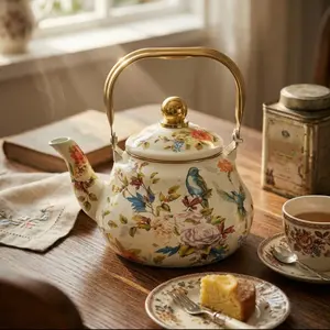 Enamel Tea Pot, Floral Bird Pattern Tea Pot, VintageEnamel Kettile, Thick Flat Bottom Water JJug, for HomeKitchen, Household Teapot, Holiday Commemorative Gifts, Classic, Enamel Tea Kettle