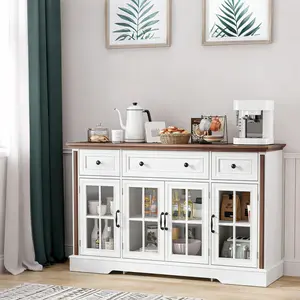 Sideboard Buffet Cabinet with Storage and Glass Doors,4-Door Cabinet with 3 Drawers,53.5" Farmhouse Modern Sideboard with Adjustable Shelves,Coffee Bar Cabinet for Kitchen & Dining Room,White