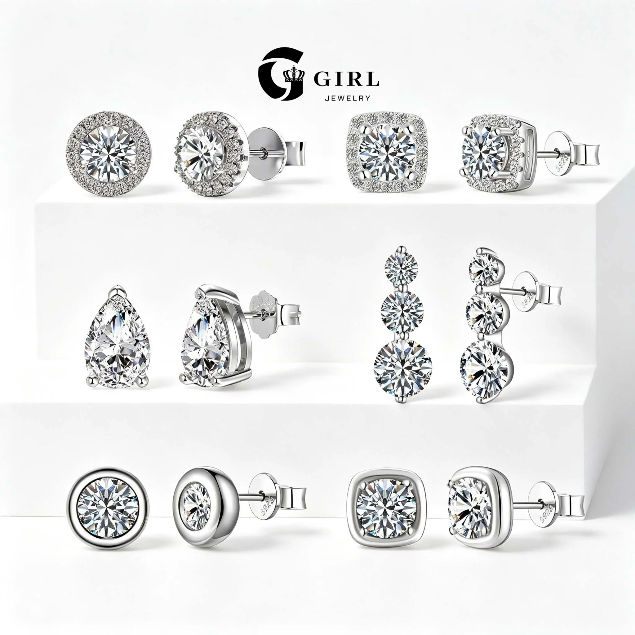 GGIRL Women's S925 Silver Moissanite Stud Earrings, Modern Geometric Design with Assorted Shapes, Elegant Anniversary and Birthday Gift, Square, Pretty Studs, Shining Earrings, Sparkling Ear Jewelry