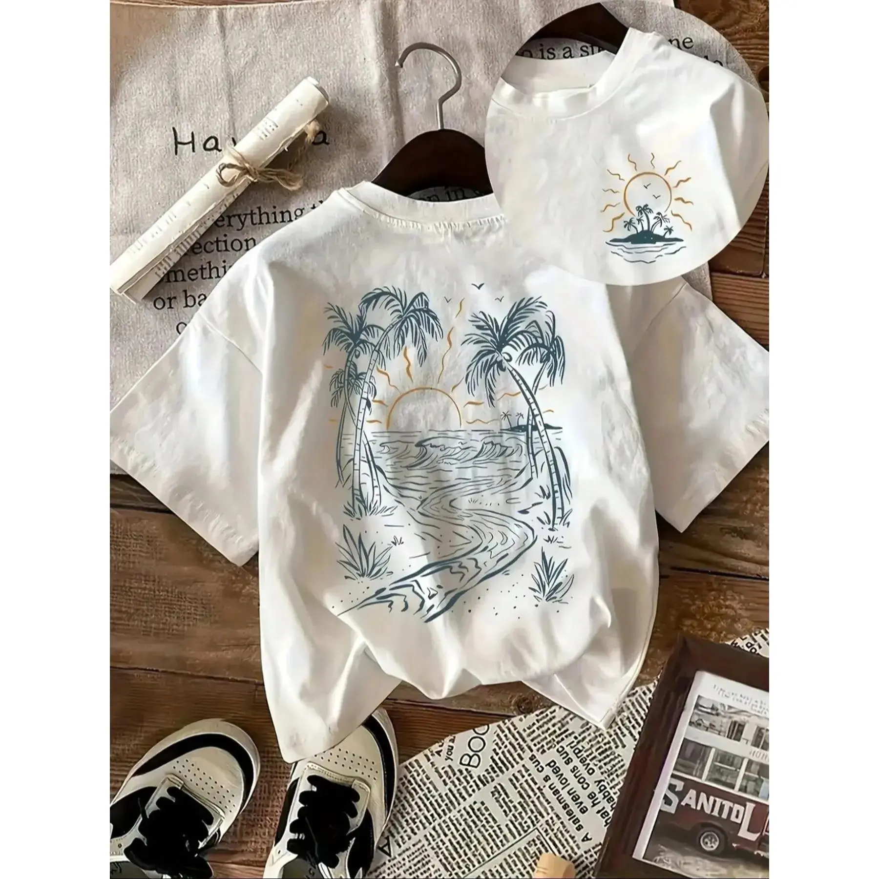 Women's Coconut Tree & Sun Print Round Neck Tee, Vintage Trendy Casual Short Sleeve T-shirt for Daily Wear, Ladies Summer, Top, Womenswear,Casual Summer T-Shirt with Crew Neck,viral graphic tees
