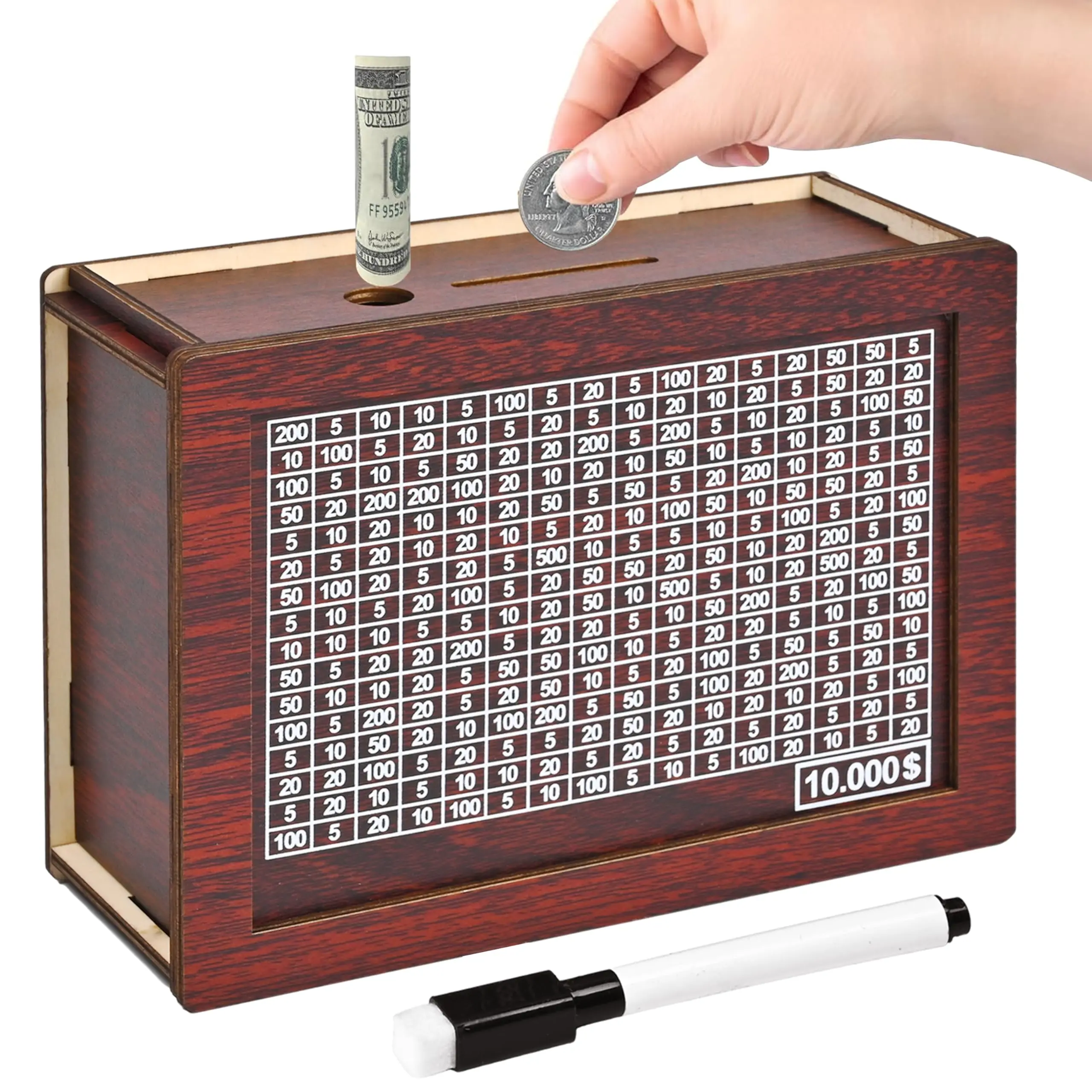 10000 Savings Challenge Box, Wooden Money Saving Piggy Bank for Adults Kids, Reusable, Targets 10k Electronic ATM Style