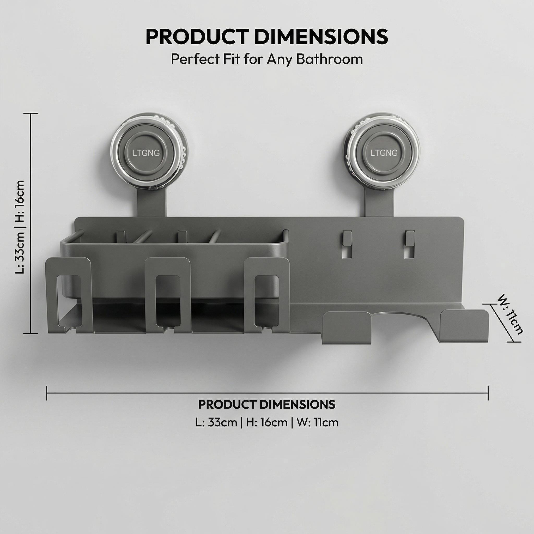 No Drill Suction Cup Hair Dryer Holder, Space Aluminum Bathroom Organizer with Toothbrush Storage, Strong Load-Bearing Wall Mount Rack for Renters
