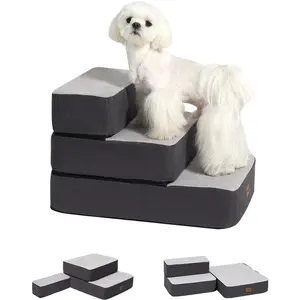3-Step Adjustable  Stairs for Sofa and Couch,  Steps for Small Dogs and Cats, Foldable Pet Stairs for Low Bed Climbing, Non-Slip Pet Step Indoor, Grey