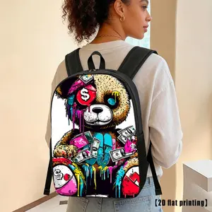 Single Piece Graffiti Teddy Bear Print Backpack Durable 600D Oxford Cloth School Bag Adjustable Breathable Strap Large Capacity Fits 15in Laptop for Kids Teens School Travel Outdoor Use