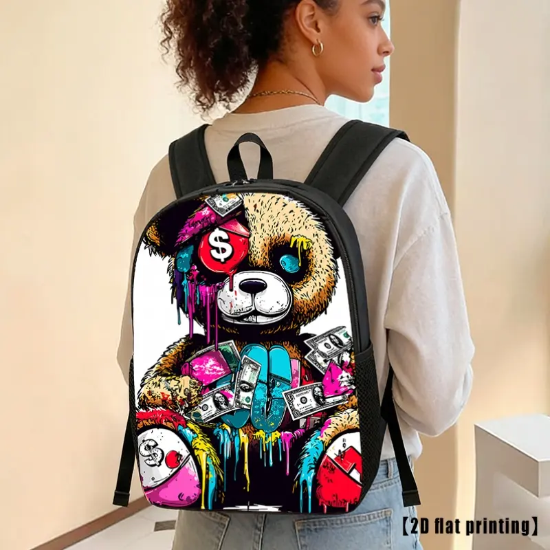 Single Piece Graffiti Teddy Bear Print Backpack Durable 600D Oxford Cloth School Bag Adjustable Breathable Strap Large Capacity Fits 15in Laptop for Kids Teens School Travel Outdoor Use