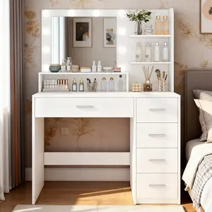 Vanity Desk with Mirror & Lights, Makeup Vanity with 5 Drawers & Storage Shelves, White Vanity Table, 3 Color Modes Brightness, Dressing Table, Bedroom