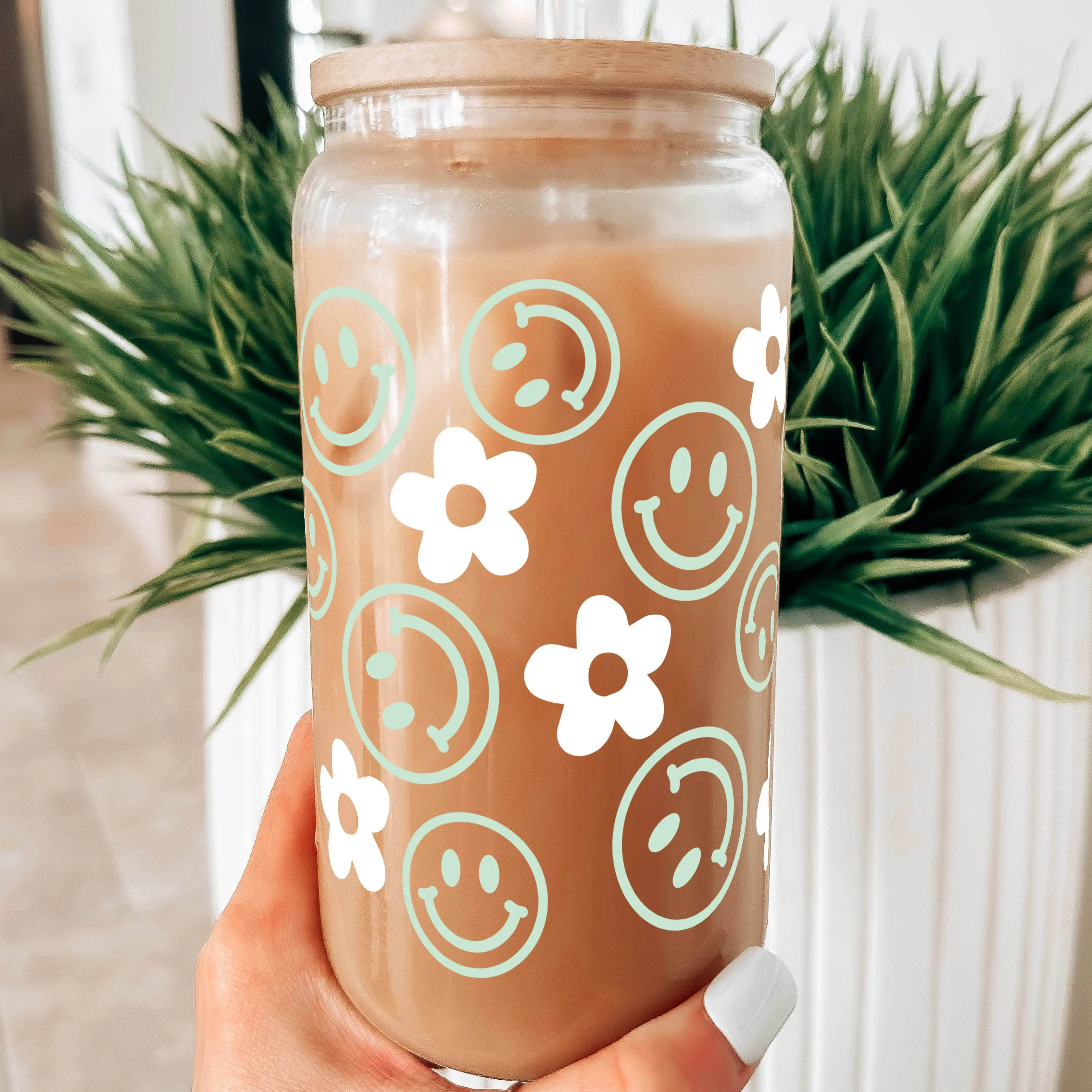 Smiley Retro Daisy 16oz Glass Can Cup with Lid and Straw, Iced Coffee Drinkware, Gift for Her, water bottle for women, floral tumbler, Eco Friendly Bottle, Travel Water Bottle, Mug, Bottled, Printed, Silicone, Portable