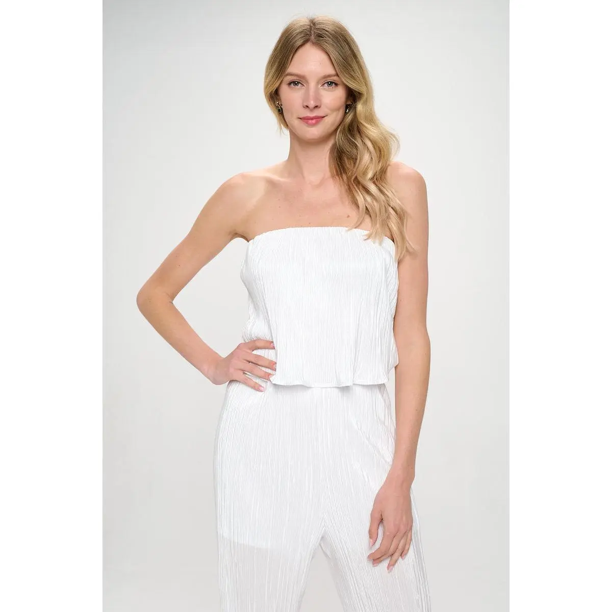 Plisse Solid Strapless Straight Leg Jumpsuit