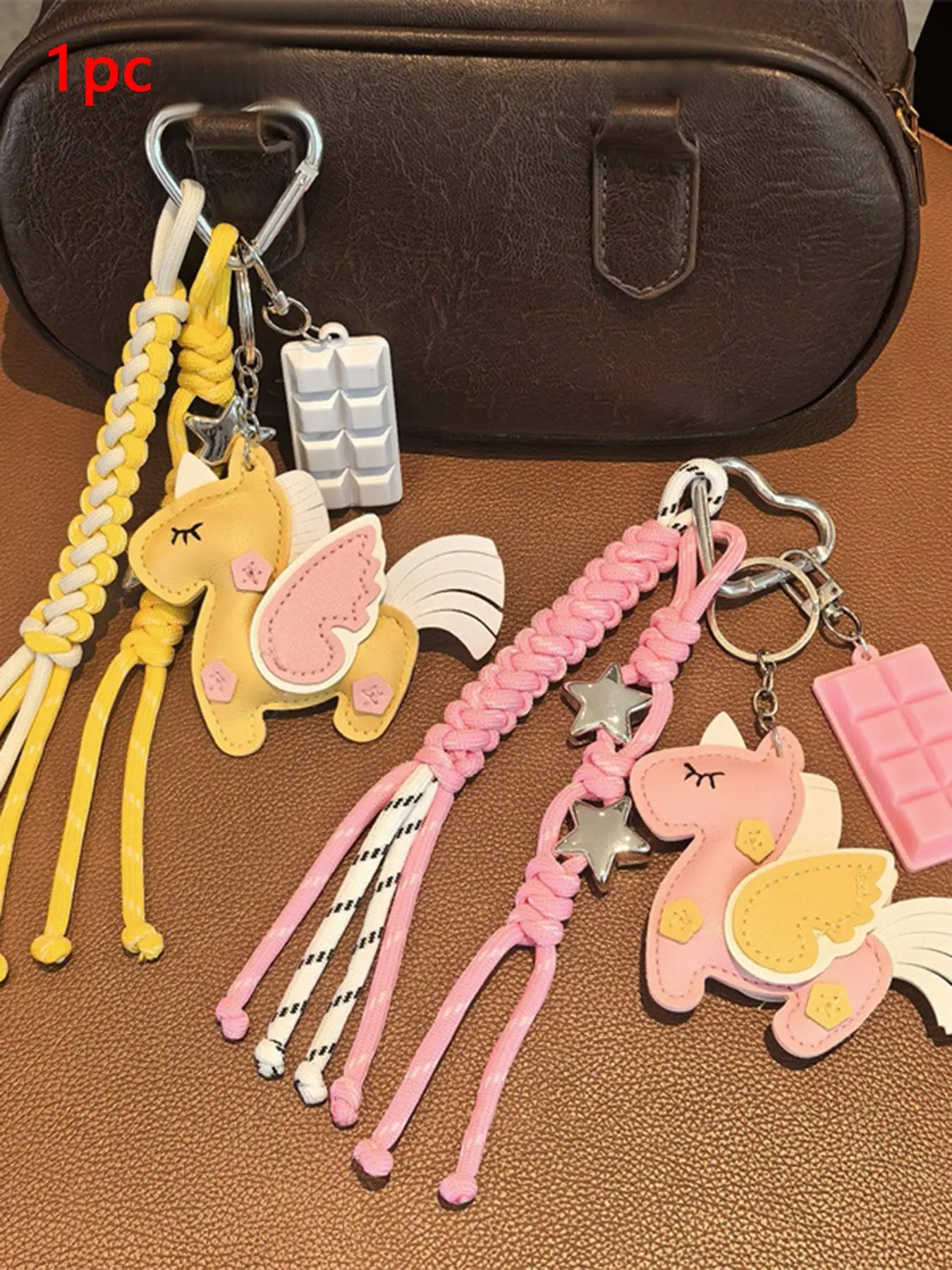 Dreamy and cute unicorn shaped pendant, multifunctional woven tassel knot decoration, designed with simulated chocolate and star elements, lightweight and easy to carry, suitable for dates and parties, Keychain for Bags, Bag Charm Keychain