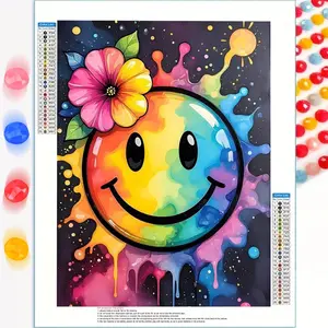 A 5D Round Diamond Full Drill Frameless Diamond Painting Kit Featuring a Rainbow Smiley Face with Flowers And an Abstract Colorful Design, Measuring 30X40Cm/11.8X15.7Inch