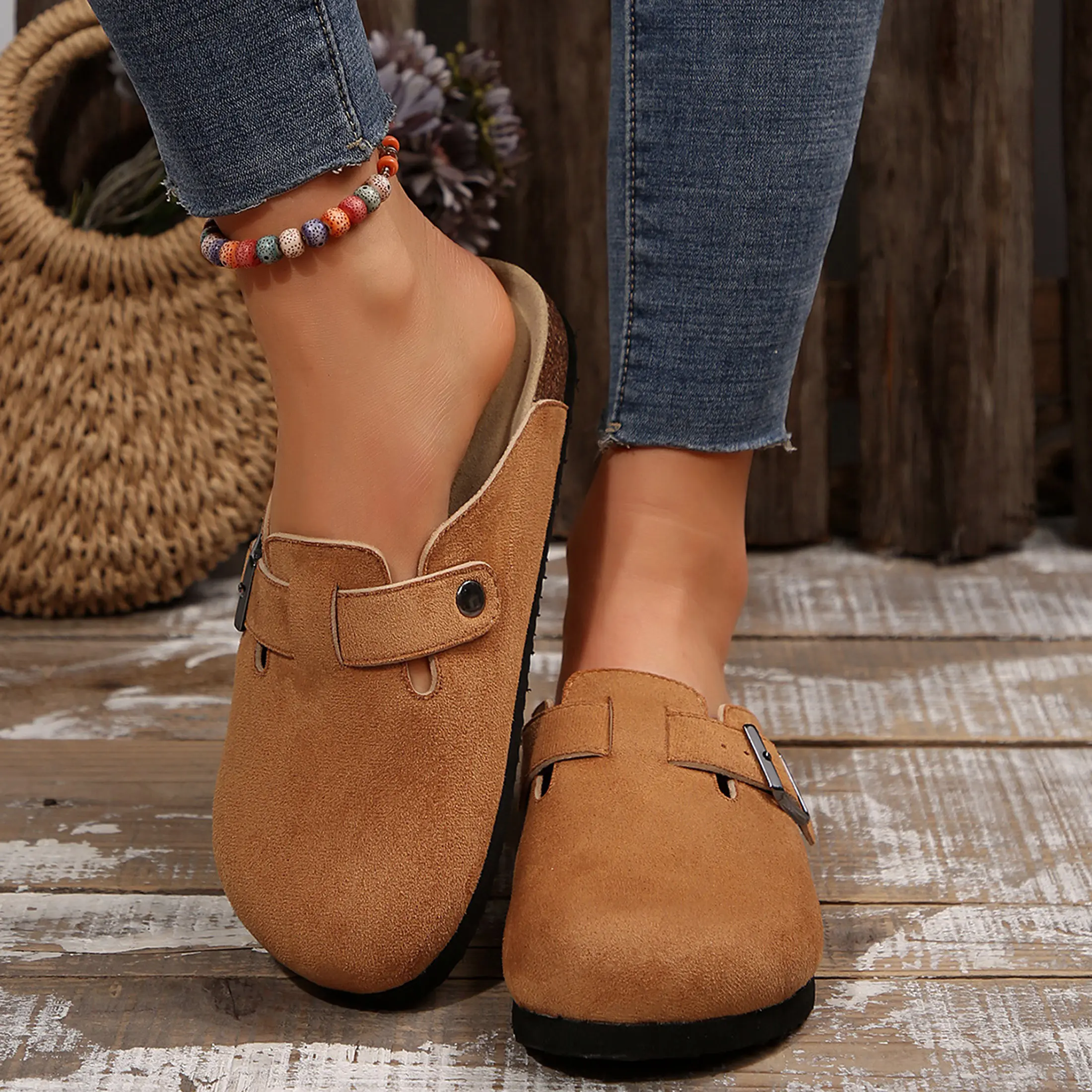 Women's Suede Cork Clogs Slippers with Adjustable Buckle Slip on Mules Potato Shoes For Indoor And Outdoor Activities Slippers Brown