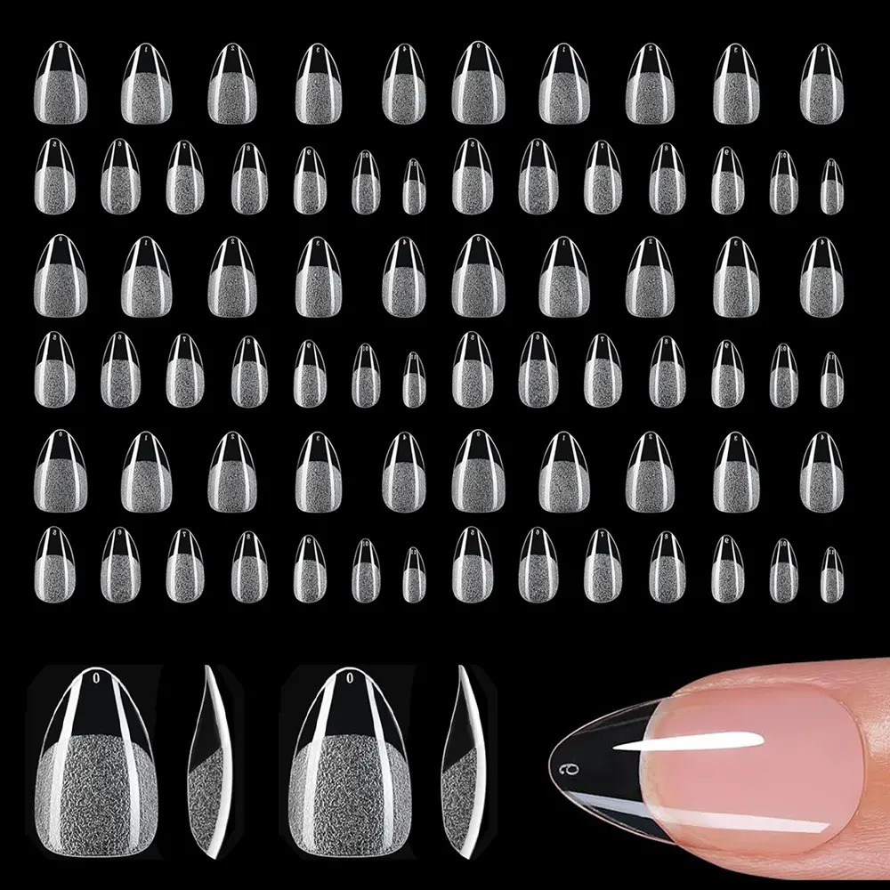 120pcs Short Almond Gel Press-On False Nails, Transparent Full Coverage Pre-Designed Tips, 12 Sizes, DIY Fake Nails, DIY Nail Art Supplies