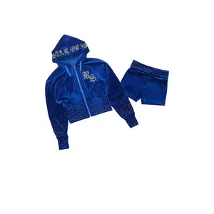 Rachell Royal Blue Rhinestone Velour Short Set