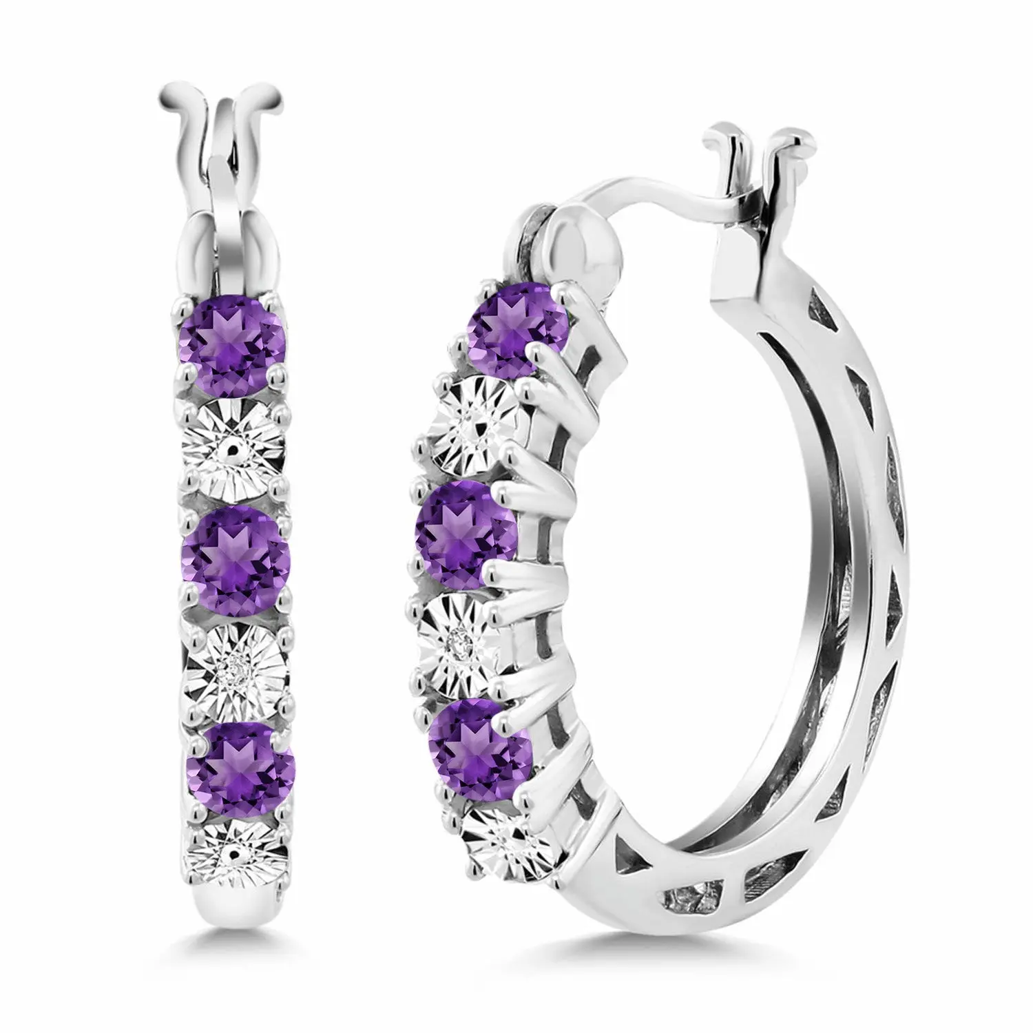 925 Sterling Silver Purple Amethyst and White Lab Grown Diamond Accent Hoop Earrings for Women | 0.61 Cttw | Gemstone Birthstone | 22MM = 0.85 Inches Diameter