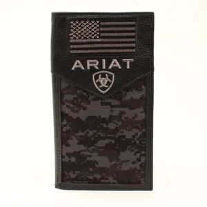 Ariat Men's Top Grain Black Leather Rodeo Wallet - Compartmented, Dark, Fashion Men's Wallets, Digital Camo Design, Card Slots, USA Flag Patch, Western Flair, Compartmented Men's Wallets