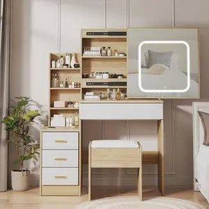 Beige/Khaki Vanity Makeup Desk with Sliding Mirror, 3-Color Adjustable Lights, Power Outlet, 4 Drawers, Open Shelves, Included Stool, Bedroom Vanity with Mirror